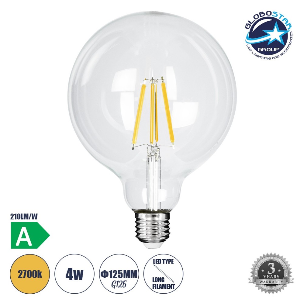GLOBOSTAR® BUBBLE 99085 Λάμπα E27 G125 LED 4W 840lm 360° AC 220-240V IP20 Θερμό Λευκό 2700K - Long Filament Chip - Διάφανο - Μ12.5 x Π12.5 x Υ13.8cm - 3 Χρόνια Εγγύηση